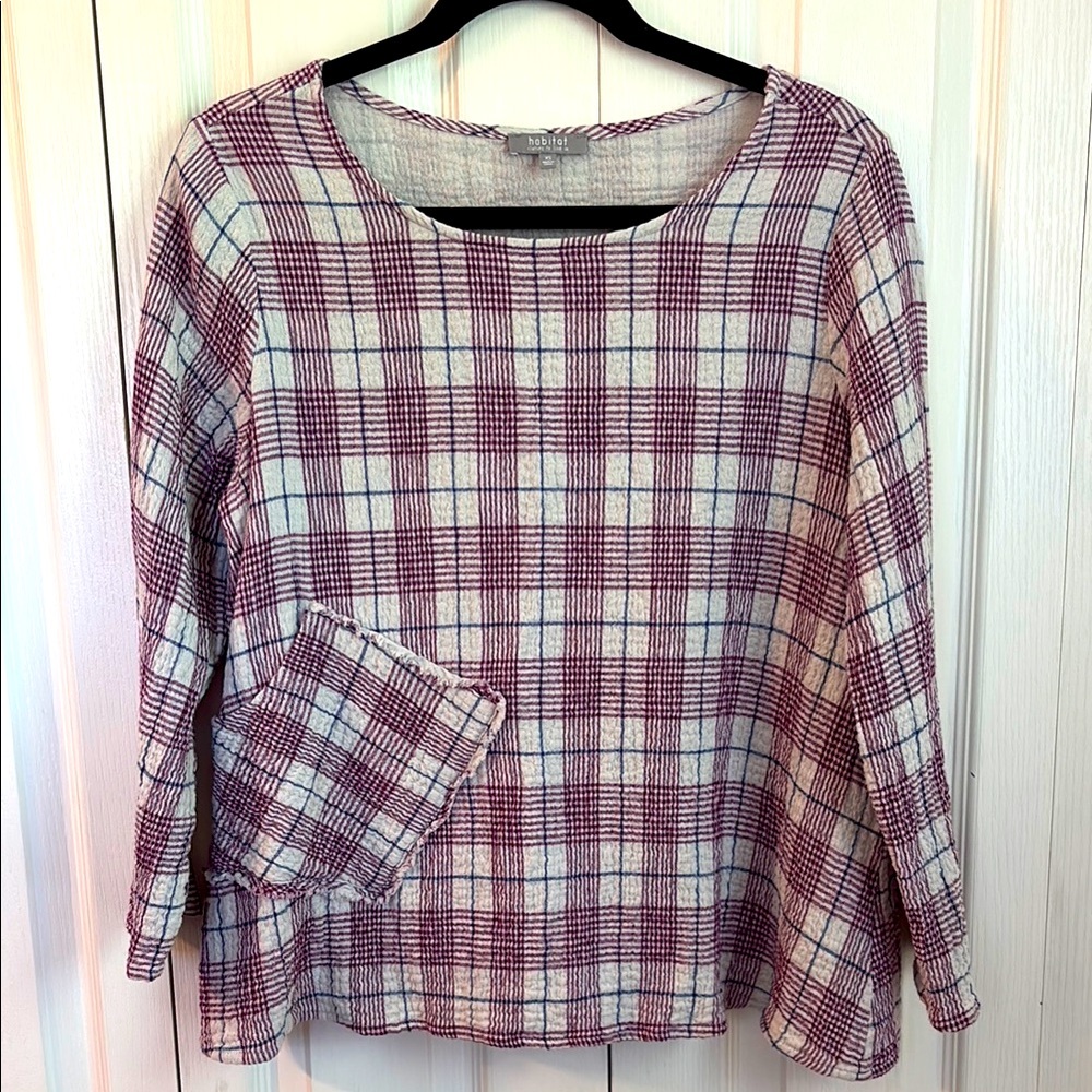 Habitat Cotton Crinkle Top. Checkered, 3/4 Sleeve, Side Pocket. Size XS